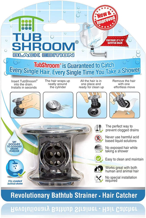 TubShroom Tub Drain Hair Catcher, Black Chrome Drain Protector and Hair Catcher for Bathroom Drains, Fits 1.5? 1.75? Bathtub and Shower Drains