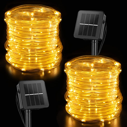 Solar Rope String Lights Outdoor 2 Pack 39 Feet 100 Led Waterproof Solar Powered Fairy Lights with 8 Lighting Modes, Copper Wire PVC Tube Lights for Garden Wedding Party DIY Decor (Warm White)