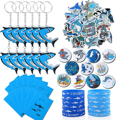 98 Pieces Shark Party Favors, Shark Keychain Goodie Bags with Rubber Bracelets, Shark Button Pins, Shark Bags and Shark Stickers for Shark Theme Birthday Party Baby Shower Holiday
