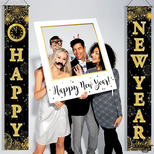 Large New Year Door Banner, 2 Pieces - 72x12 Inch, Happy New Year Banner 2022 | New Year Door Hanging Decorations | New Year Door Sign for New Years Eve Party Supplies 2022 Happy New Year Decorations
