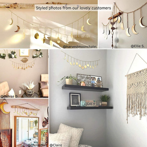 Moon Phase Wall Hanging Handmade Hammered Gold Metal 13 Moons 36" Garland, Boho Home Decor for Bedroom, Celestial Art Phases Bohemian Decoration Astrology Aesthetic for Above the Bed or Living Room