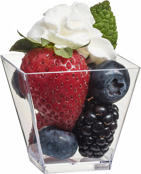 Zappy 100 Square Mini Dessert Cups 2oz Clear Tasting Sample Shot Glasses 100 Ct Dessert Cups with Spoons Disposable Plastic Appetizer Bowls Mini Parfait Cups Small Tumblers and Mini Spoons