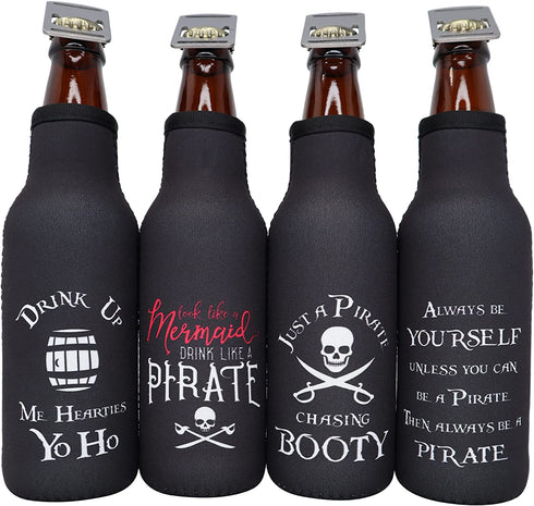 Pirate Accessories Funny Beer Coozie - Adult Pirate Party Decorations, Favors, Supplies, Insulated Bottle Cooler Sleeve with Zipper,Built-In Removable Opener, Funny Coolie for 12 oz. Longneck, 4-Pack
