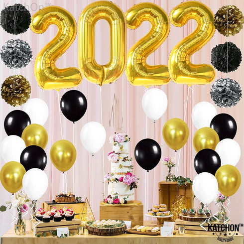 Giant Gold 2022 Balloons Numbers - Large 40 Inch, Graduation Balloons 2022 Foil with Pompoms | Black and Gold Graduation Decorations | Graduation Party Decorations 2022 | Class of 2022 Decorations