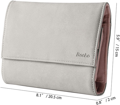 Becko Jewelry Organizer Roll Travel Jewel Bag case for Multiple Necklaces, Rings, Bracelets, Supple Leather & Suede, Large Capacity Without Crease, Lightweight, Portable & Practical (Gray)