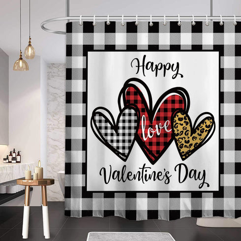 Baccessor Happy Valentines Day Shower Curtain Buffalo Plaid Romantic Love Heart Shower Curtain Waterproof Washable Farmhouse Fabric Bathroom Decor with Hooks 72x72 Inch