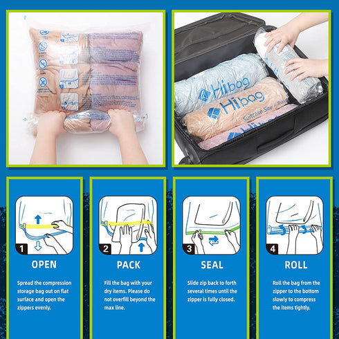 12 Travel Compression Bags, Hibag 12-Pack Roll-Up Space Saver Storage Bags for Travel, Suitcase Size (12-Travel)