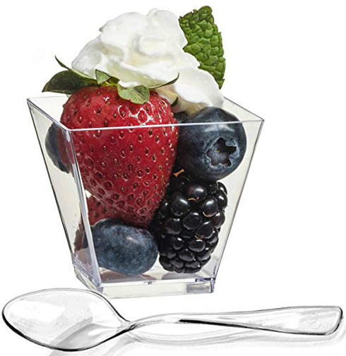 Zappy 100 Square Mini Dessert Cups 2oz Clear Tasting Sample Shot Glasses 100 Ct Dessert Cups with Spoons Disposable Plastic Appetizer Bowls Mini Parfait Cups Small Tumblers and Mini Spoons