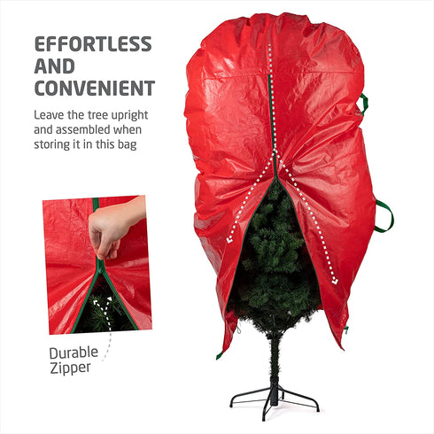 Upright Tree Storage Bag for Christmas Trees of 9ft. Tall, Tree Bag Is Tear Proof Polyethylene; Comes With Drawstring Hem, Zipper, And Carry Handles, Waterproof Material Protects From Dust & Moisture
