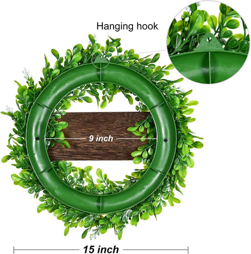 Lvydec Artificial Boxwood Wreath - 15" Welcome Wreath with Wooden Welcome Sign and White Flower Green Wreath for Front Door Window Home Decoration