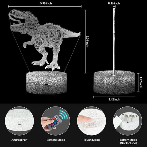 3D Dinosaur Night Light for Boys Kids-3 Pattern and 16 Color Smart Touch with Remote Control, Boys Dino night lights for bedroom, Dinosaur 3d Illusion Lamp, Dinosaur Gifts for Boys Age 4 5 6+ Year Old