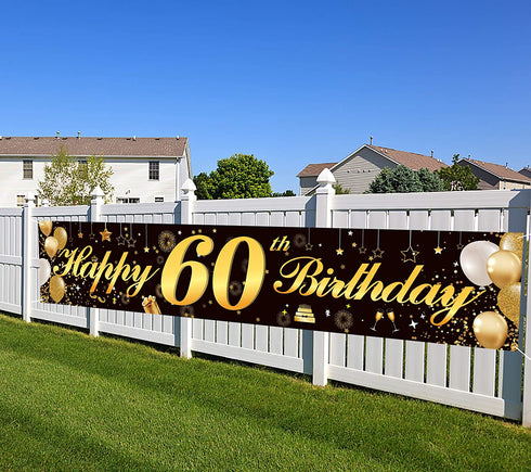 Happy 60th Birthday Banner,Birthday Party Sign Backdrop Banner For Men Women Cheer to 60 Years,Durable Black&Gold Glitter Birthday Sign Yard Sign For 60th Birthday Party Decoration Supplies(60 Black)