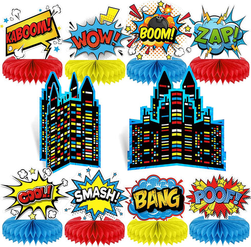 Set of 10 Hero Themed Party Decoration Superhero Honeycomb Centerpieces Hero Action Sign Table Centerpiece Fun Hero Theme Party Table Topper Decor for Happy Birthday Baby Shower Party Supplies Favor