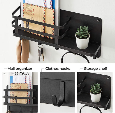 SONGMICS Key Holder for Wall, Wall Mounted Mail Organizer, Metal Floating Shelf with 5 Hooks, Wall Key Hook for Entryway, Key Hanger for Wall, Living Room, Hallway, Mudroom, Kitchen, Black UHCH315B01