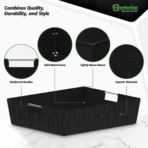 Woven Storage Baskets For Organizing - 4 Fabric Empty Organizer Bins With Handles - Great Bin For Organization, Linen Closet Shelves & Bathroom Basket. Empty Baskets For Gifts (14QT - Black)