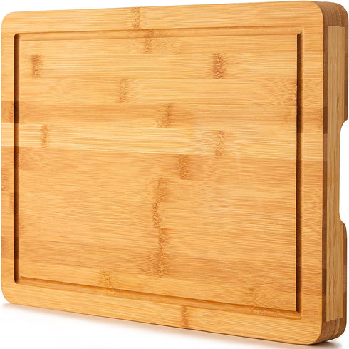 Thick Bamboo Cutting Board, Chopping Board for Kitchen, Heavy Duty Cheese Board with handle and Juice Groove, Meat Butcher Block Cutting Borad, 100% Organic Bamboo, Pre Oiled, 15" x 11"
