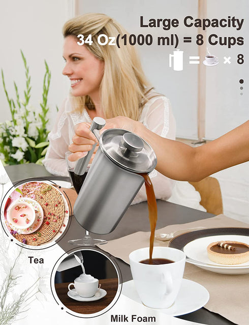 French Press Portable Coffee Maker - 4 Level Filtration System, 34 Oz 304 Stainless Steel Coffee Press, Tea Maker, No Coffee Grounds, with 2 Extra Screens & Spoon, Rust-Free, Dishwasher Safe, BPA Free (Silver)