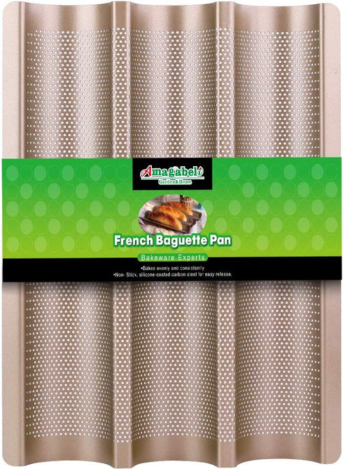 Amagabeli Nonstick French Baguette Pans for Baking 15?x11? Carbon Steel 3 Loaf Perforated Bread Tray Baguette Baking Tray Bake Mold Toast Cooking Oven Toaster Pan Cloche Waves Bakeware Golden