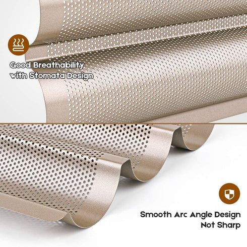 Amagabeli Nonstick French Baguette Pans for Baking 15?x11? Carbon Steel 3 Loaf Perforated Bread Tray Baguette Baking Tray Bake Mold Toast Cooking Oven Toaster Pan Cloche Waves Bakeware Golden