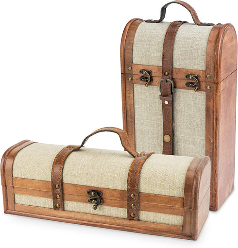 Twine Vintage Trunk Bottle Gift Wine Box with Lid and Handle Wood, Faux Leather, Brass Accents, Cloth, 1