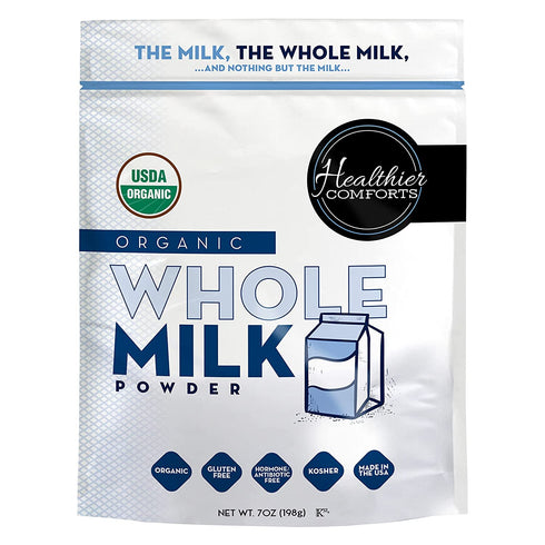 Healthier Comforts Organic Whole Milk Powder | Certified USDA Organic Powdered Milk | Kosher, Gluten Free, Non-GMO Dry Milk Powder Whole Milk | Dried Milk w/ Resealable Packaging, Shelf Stable Milk 7oz