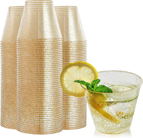 FOCUSLINE 100 Pack Gold Glitter Plastic Cups 9 oz Clear Plastic Cups Tumblers, Fancy Disposable Hard Plastic Cups with Gold Glitter for Wedding Cups Elegant Party Cups