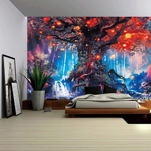 ENJOHOS Trippy Taprstry Wall Hanging for Bedroom Magical Tree of Life Tapestry with Mystical Forest and Tangled Lanterns for Dorm Room Decor,W79 x T5