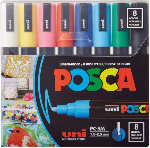 Posca Full Set of 8 Acrylic Paint Pens with Reversible Medium Point Pen Tips, Posca Pens are Acrylic Paint Markers for Rock Painting, Fabric, Glass Paint, Metal Paint, and Graffiti