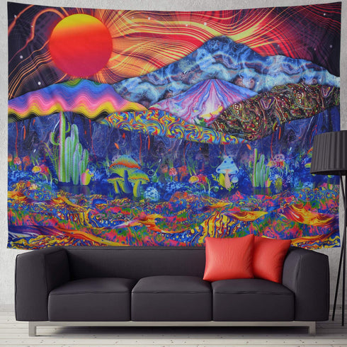 Trippy Tapestry Mountain Tapestry Psychedelic Sun Tapestry Colorful Mushroom Tapestry Hippie Waves Abstract Wall Tapestry for Bedroom Living Room