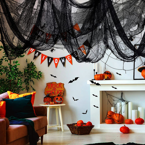 MELLIFUL Huge Halloween Creepy Cloth with 12 PCS Bats Spooky Hanging Scary Gauze Fabric Black 315 x 79 Inch Window Cover Gauze Halloween Decorations for Party Home Wall Yard Outdoor Doorway