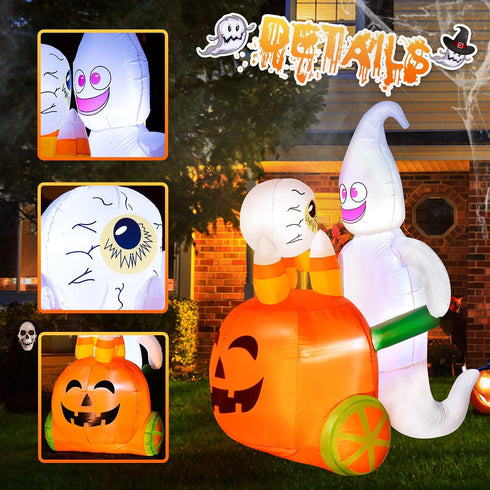 Rocinha Halloween Inflatables Ghost Pushing Pumpkin Cart 5 Ft Halloween Blow Up Decorations with Built-in LED Lights Halloween Lawn Decorations for Outdoor Party Yard Garden