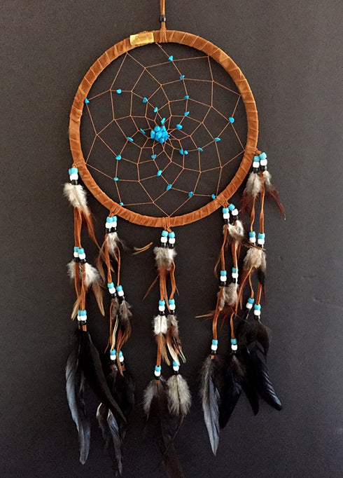 Dream Catcher Dreamcatcher - Brown Suede with Turquoise Details - Handmade, Large Size - 28" Long x 9" Diameter - OMA Brand