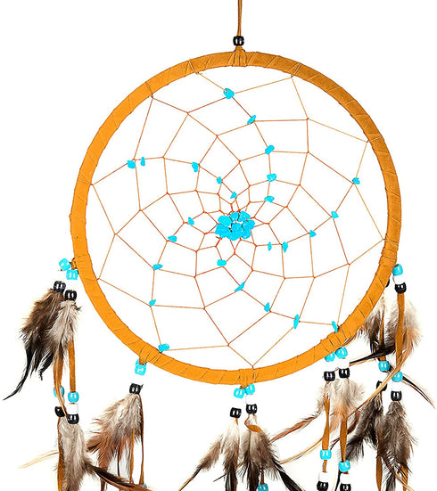 Dream Catcher Dreamcatcher - Brown Suede with Turquoise Details - Handmade, Large Size - 28" Long x 9" Diameter - OMA Brand