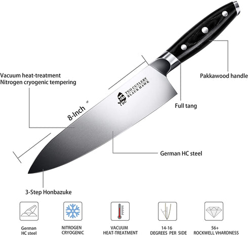 TUO Chef Knife - 8 inch Kitchen Chefs Knives Professional Cooking Knife - German HC Steel - Full Tang Pakkawood Handle - BLACK HAWK SERIES with Gift Box