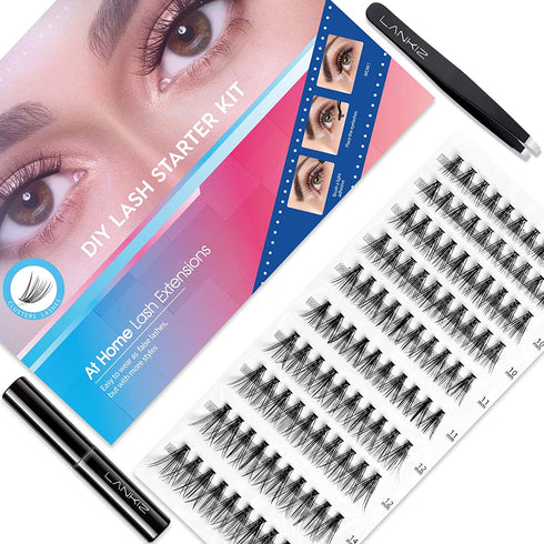 LANKIZ DIY Lash Extension Kit, 20D Faux Mink Individual Lashes,Cluster Lashes Glue,Lash Tweezers,8-14mm Mix Self-application Eyelash Extension at Home