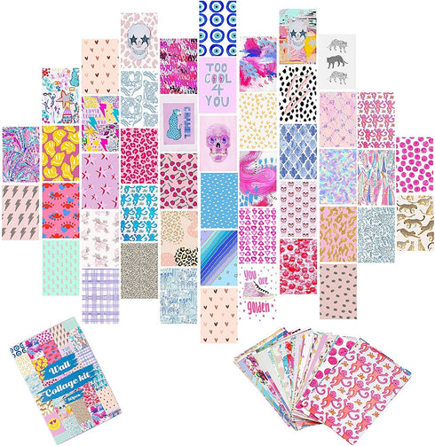 ECTY 50PCS Preppy Aesthetic Pictures Wall Collage Kit, Retro Style Photo Collections Collage Dorm Decorations for Teens and Young Adults, Wall Prints Kit, Small Posters for Room Bedroom Aesthetic