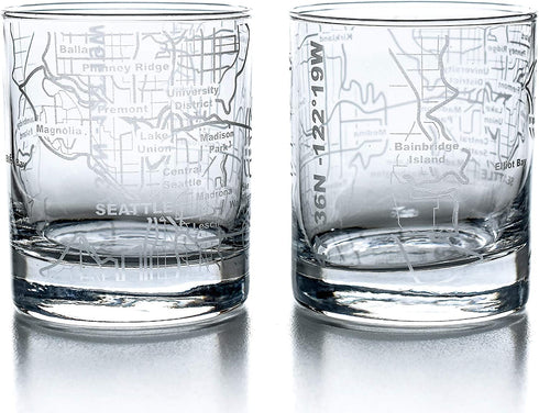 Greenline Goods Whiskey Glasses - 10 Oz Tumbler Set for Seattle lovers, Etched with Seattle Map | Old Fashioned Rocks Glass - Set of 2