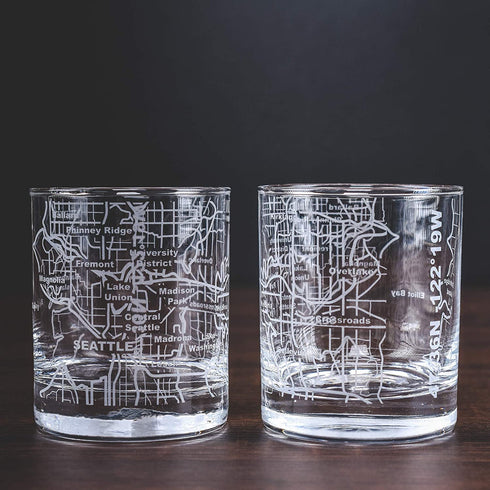 Greenline Goods Whiskey Glasses - 10 Oz Tumbler Set for Seattle lovers, Etched with Seattle Map | Old Fashioned Rocks Glass - Set of 2