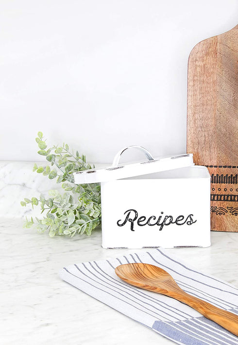 AuldHome Rustic White Recipe Box; Enamel Farmhouse Recipe Holder and Organizer for 4 x 6 Inch Recipe Cards