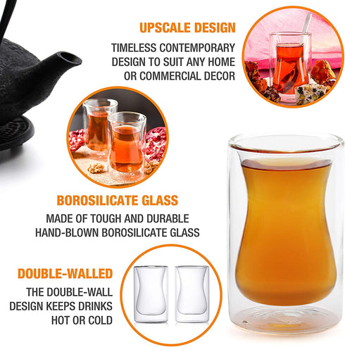 6 oz Turkish Tea Cups - Set Of 2 - Double Walled Clear Glass Cup - Small Coffee Mug - Cafe Latte Espresso or Cappuccino Beverages Mugs by Epar©