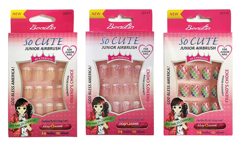 Beautia 3PACK 72tips So Cute Junior False Fake Nails With Glue for Kids