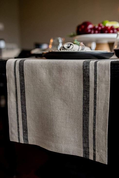 Solino Home Linen Stripe Table Runner 14 x 108 Inch, Black and Natural, European Flax 100% Pure Linen French Stripe Table Runner Handcrafted