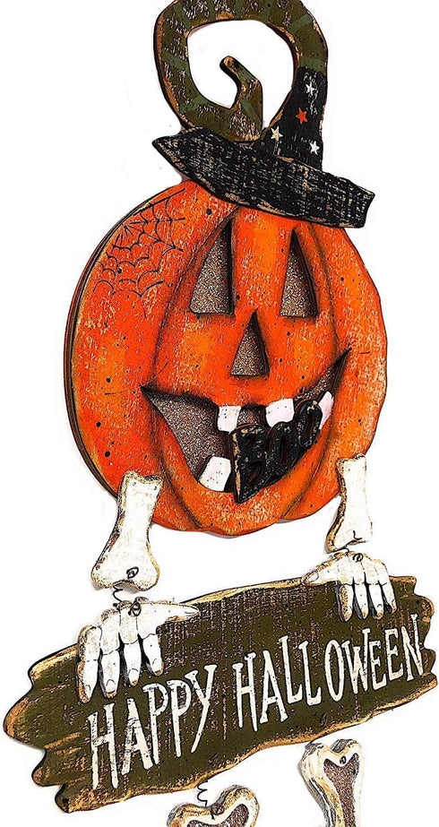 Transpac Halloween Decoration Wall Front Door Wreath Hanging Wood Metal Decor Indoor Outdoor 24" x 10.5" (Pumpkin Boo)