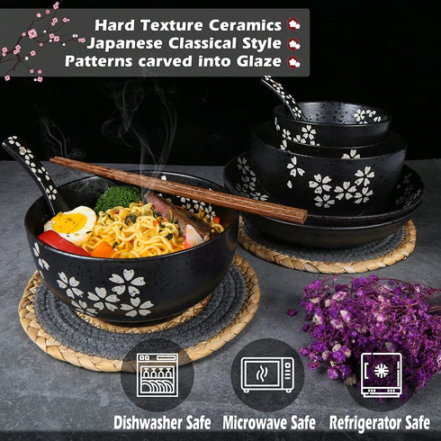 Bestjing Japanese Ramen Bowl set, Porcelain Bowls with Carved Sakura Patterns, 100% Hand-Finished, 32oz Large for All Purpose. Noodle bowl with Matching Spoon, Chopsticks &Bowl placemats, 4pc&Set of 1