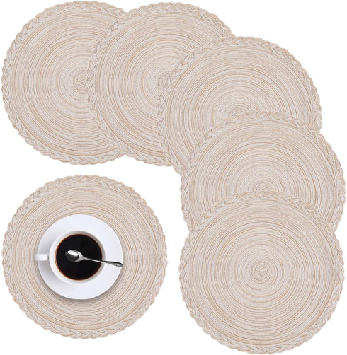 homing Round Placemats Set of 6 for Dining Table Woven Heat Resistant Anti-Slid Cotton Kitchen Table Mats 14 Inch, Easy to Care, Mixed Color, Beige