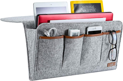 Zafit Bedside Caddy, 7 Pockets Large Size Bedside Storage Organizer Bedside Organizer Caddy for Magazine Remotes Phone (17.3'' x 18.1'', Light Grey)