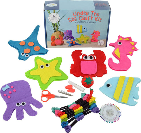 Jueybean Kid Craft Felt Kit - 6 Cute Sea Animals Beginners Sewing Kits - Little Kids Ages 7 to 12 - Easy Childrens First Sew Kit - Great for Travel - Fun Beginning DIY Crafting for Girls and Boys