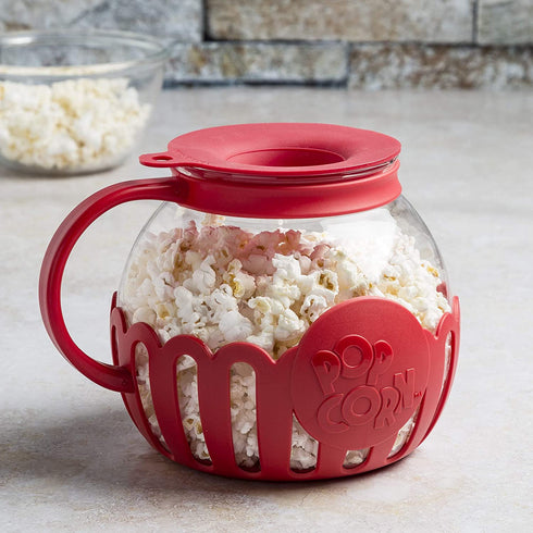 Ecolution Patented Microwave Micro-Pop Popcorn Popper, Borosilicate Glass, 3-in-1 Lid, Dishwasher Safe, BPA Free, 1.5 Quart Snack Size, Red.