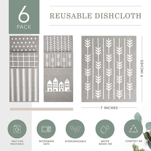 Set of 6 Classic Swedish Dishcloths - Biodegradable and Washable Kitchen Towels - Environmentally Friendly Scandinavian Dish Cloth, Use as Reusable Sponge or Paper Towels Alternative