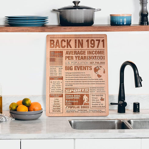 51th Birthday Gift Large Wooden Chopping Board with Laser-Engraved Back in 1971 Newspaper Poster, Party Decorations Supplies